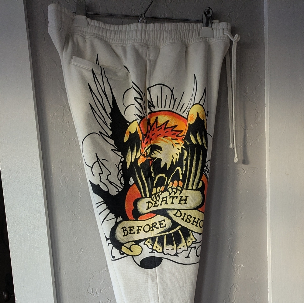 Don Ed Hardy Ivory Death Before Dishonor Bootcut Sweatpants Eagle Graphic